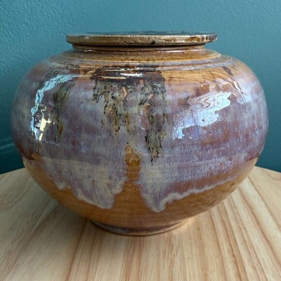 Vintage Handcrafted Glazed Ceramic Jar With Lid Brown Purple Drip Unsigned - Picture 1 of 9